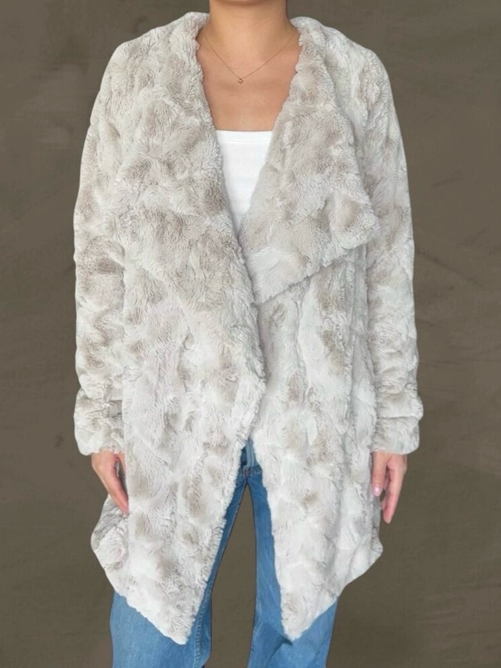 BB Dakota Faux Fur Asymmetrical Drape Jacket Coat Plush Neutral Winter Glam L